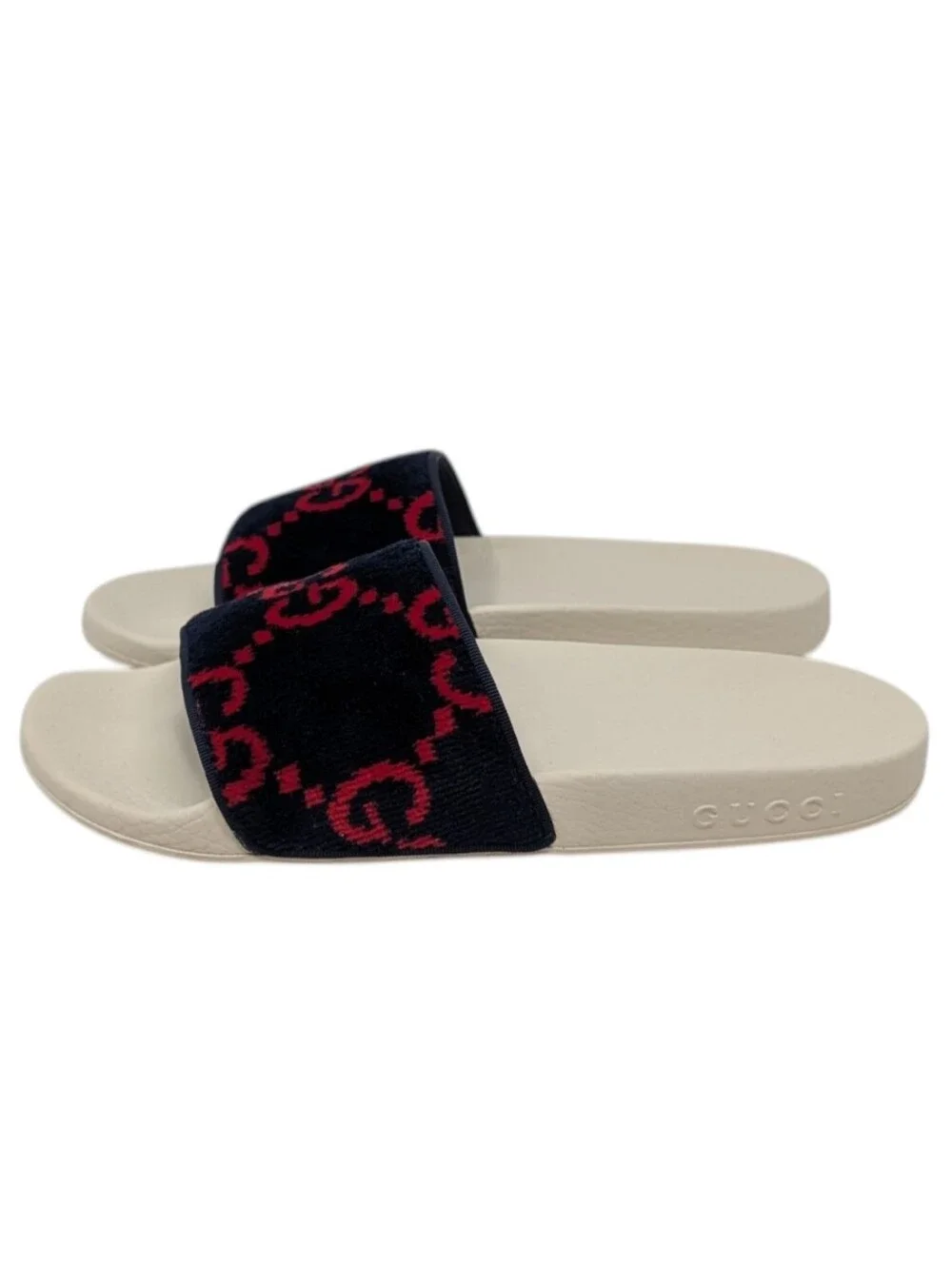 Gucci Navy/Red Monogram Terry Cloth Velvet Slide Sandals Size EU 38